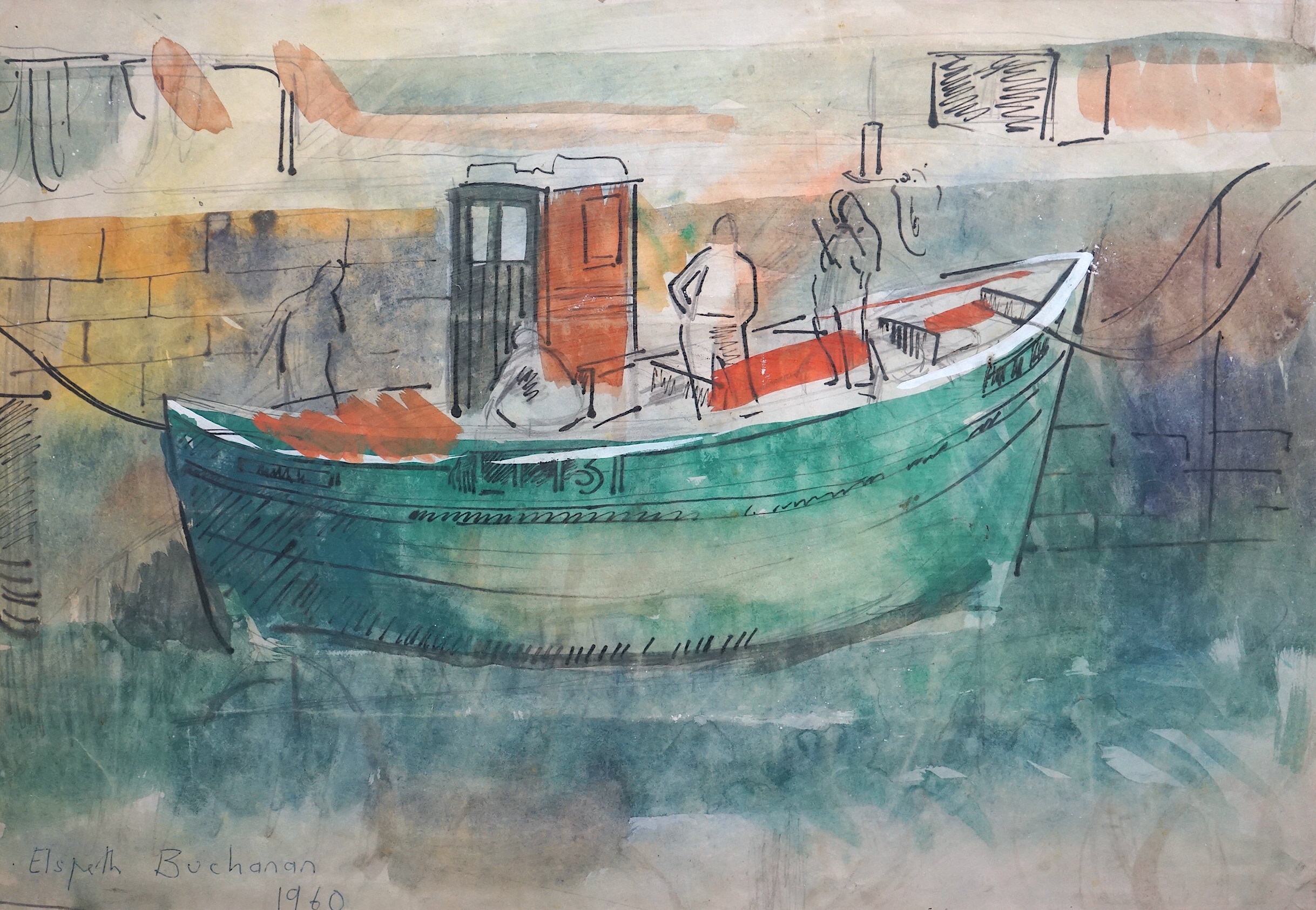 Elspeth Buchanan (Scottish, 1915-2011), Fishing boat in harbour and Fish market, ink and watercolour, 35 x 50cm and 34 x 53cm